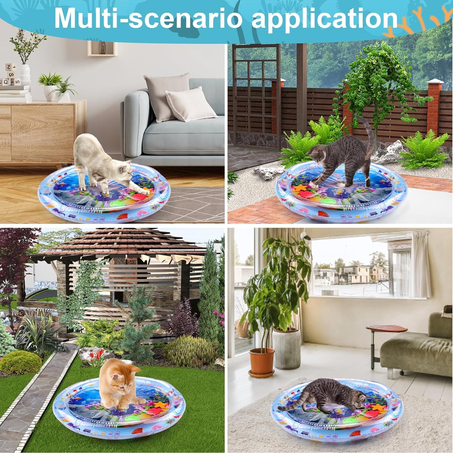 Thickened Water Sensory Play Mat for Cats, Cat Water Play Mat New Upgrade Cat Mat Toys for Bored Indoor Cats, Comes with Clipper and 5 Patches a Variety of Marine Elements（Rounded）