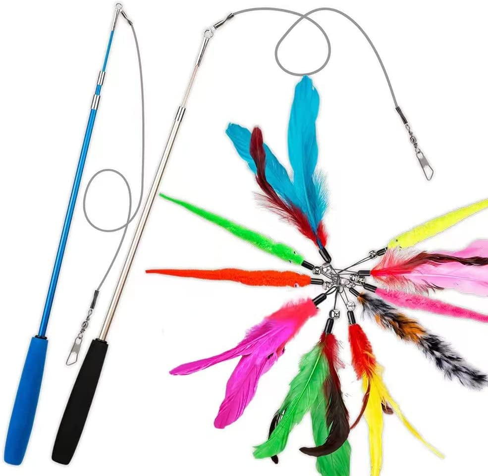 Cat Toys Feather Toy, 2PCS Retractable Wand and 10PCS Replacement Teaser with Bell Refills, Interactive Catcher and Funny Exercise for Kitten.