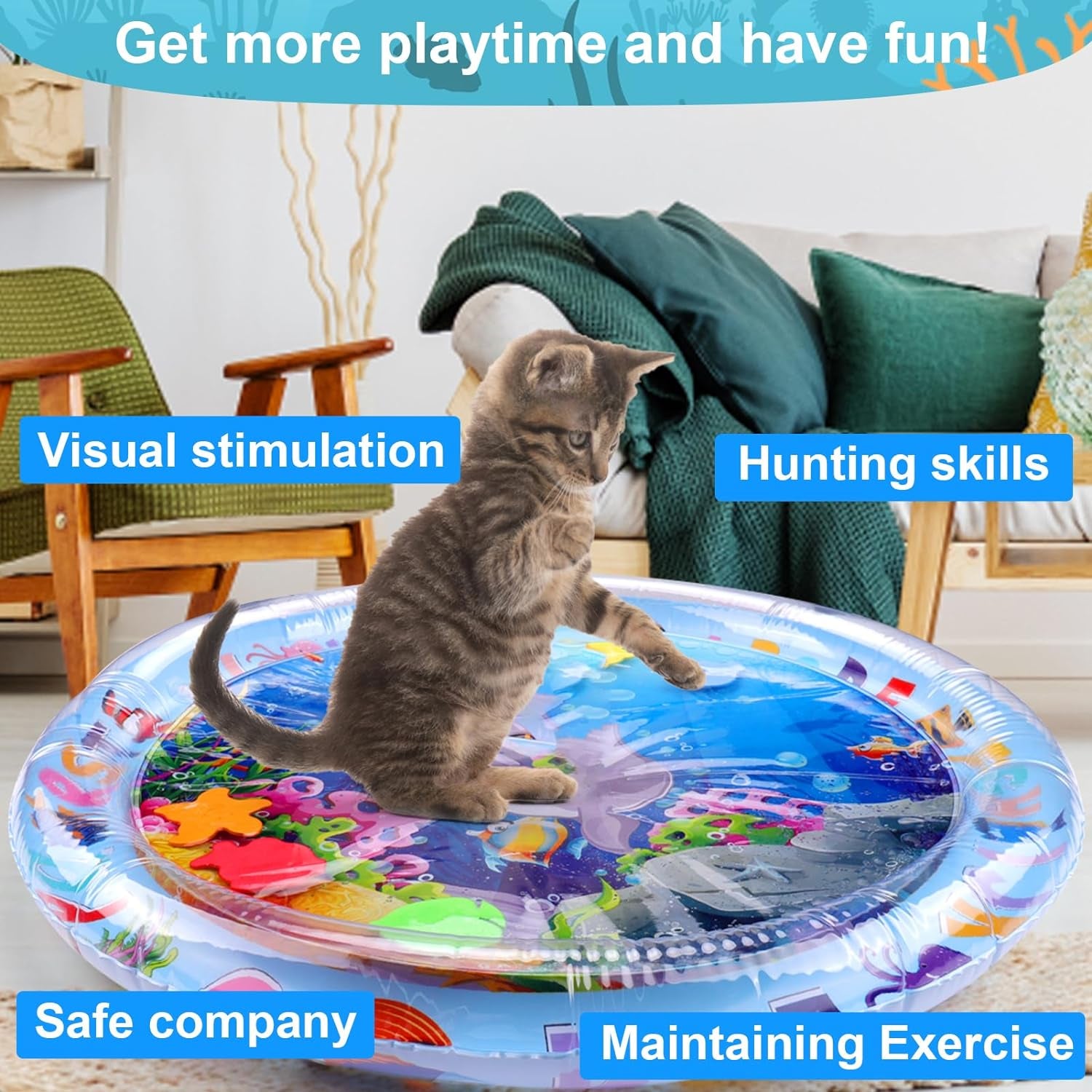 Thickened Water Sensory Play Mat for Cats, Cat Water Play Mat New Upgrade Cat Mat Toys for Bored Indoor Cats, Comes with Clipper and 5 Patches a Variety of Marine Elements（Rounded）