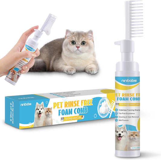 Waterless Cat Shampoo,Comb and Wash 2-In-1,No Rinsing Foam Comb,Detangling&Moisturizing,Removing Odors 3.5Oz