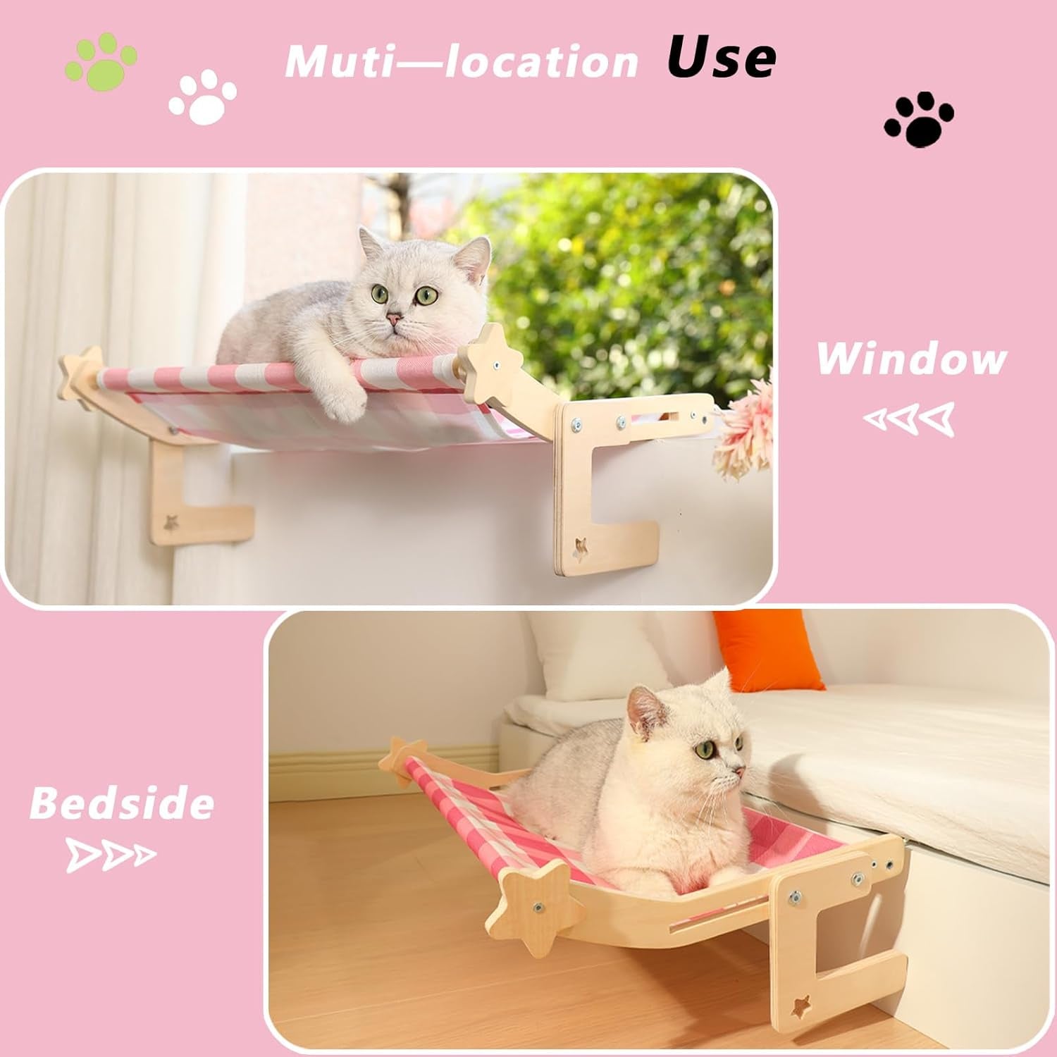 Cat Window Perch, Cat Window Bed&Seat for Large Indoor Cats Inside, Easy to Adjust&Assemble Cat Bedside Hammock for Windowsill, Bedside and Drawer (Pink Plaid, Large)