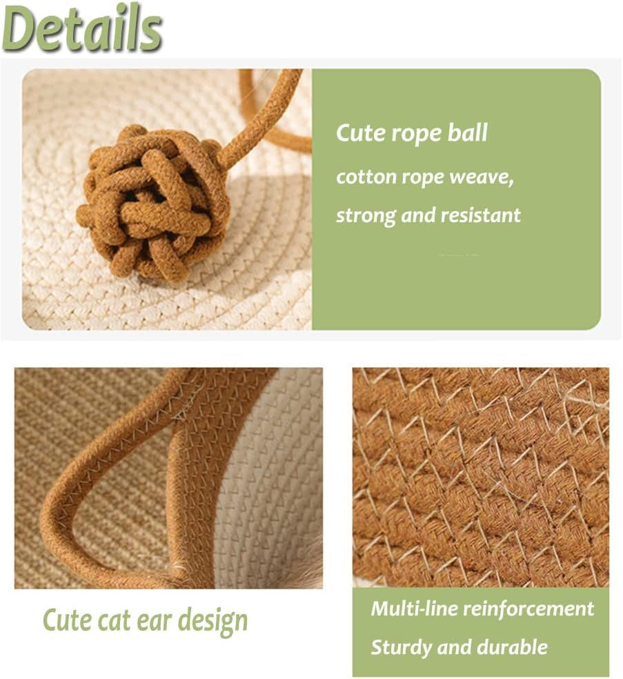 Cat Basket Bed, round Rattan Cat House for Indoor Cats, Cute Cat Cotton Rope Woven Basket Nest with Interactive Ball, Washable Winter Summer Use