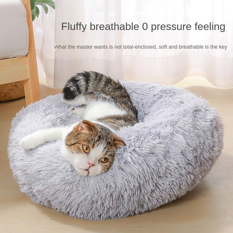 Cat Beds for Indoor Cats - Cat Bed Washable 20/24 Inches, Dog Beds for Small Medium Dogs, anti Anxiety round Fluffy Plush Faux Fur Cat Bed, Thick Bottom (Light Grey, Medium)