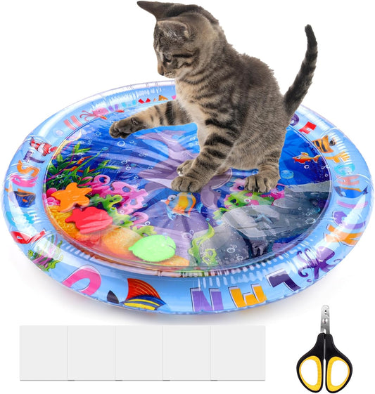 Thickened Water Sensory Play Mat for Cats, Cat Water Play Mat New Upgrade Cat Mat Toys for Bored Indoor Cats, Comes with Clipper and 5 Patches a Variety of Marine Elements（Rounded）