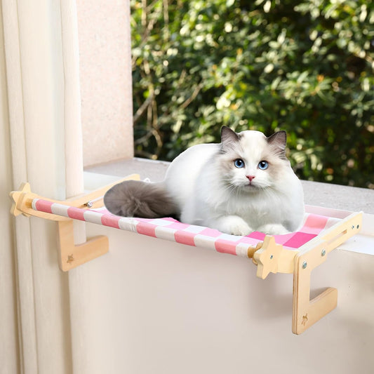 Cat Window Perch, Cat Window Bed&Seat for Large Indoor Cats Inside, Easy to Adjust&Assemble Cat Bedside Hammock for Windowsill, Bedside and Drawer (Pink Plaid, Large)
