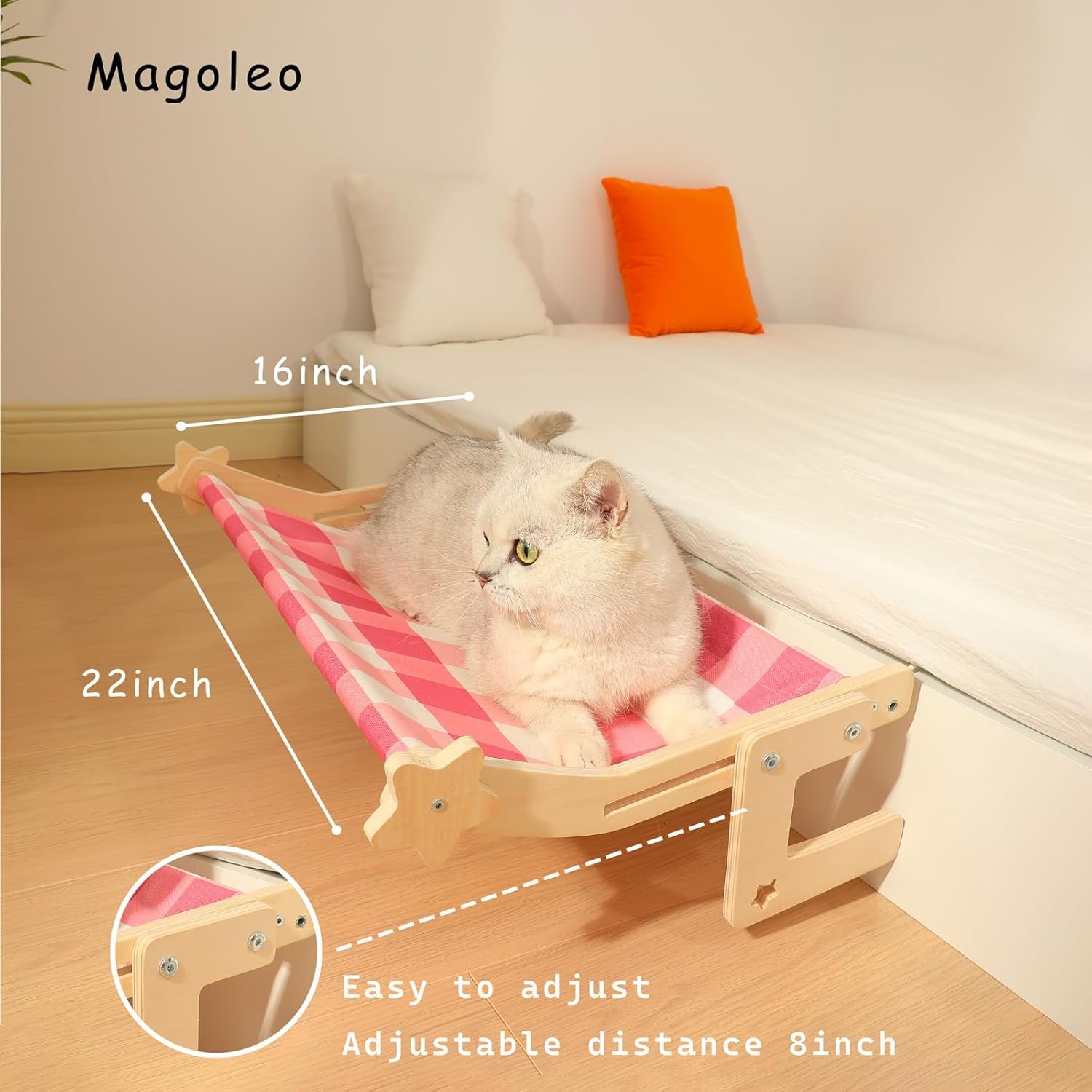 Cat Window Perch, Cat Window Bed&Seat for Large Indoor Cats Inside, Easy to Adjust&Assemble Cat Bedside Hammock for Windowsill, Bedside and Drawer (Pink Plaid, Large)