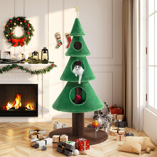 63 Inches Cat Tree for Indoor Cat/Cat Tower with 3 Condos/ 5Ft Cat Christmas Tree Party Decoration/Cat Activity Center Play House and Beds/Green