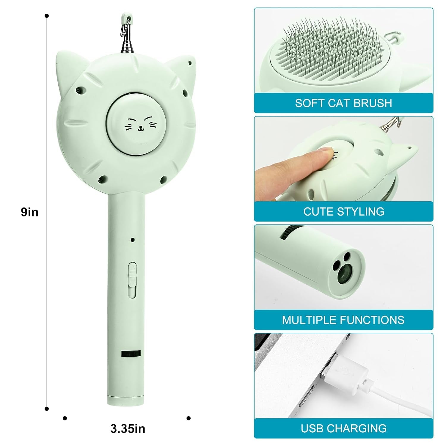 3 in 1 Cat Grooming Brush with Release Button for Indoor Cats, Cuddles and Meow