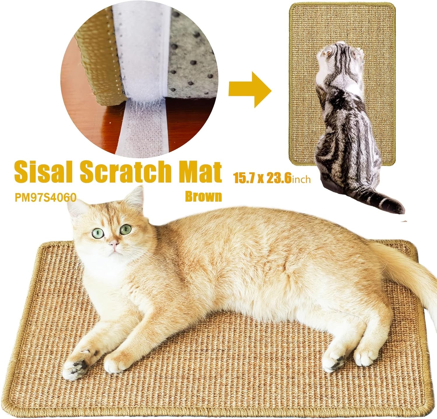 Cat Scratcher Mat, 23.6 X 15.7Inch,Natural Sisal Cat Scratchers for Indoor Cats with Velcro Tapes,Cat Scratching Pad Rug,Horizontal Cat Scratching Mat Protect Furniture and Sofas (Brown)