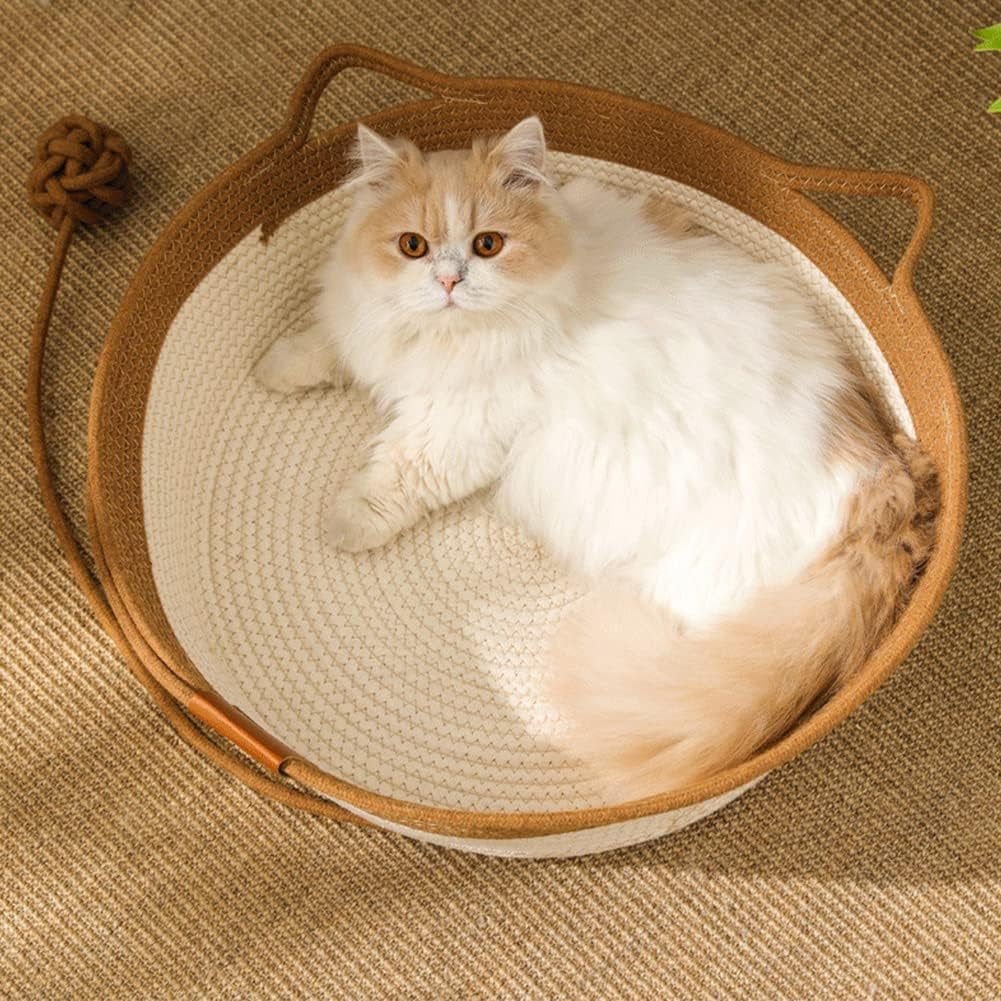 Cat Basket Bed, round Rattan Cat House for Indoor Cats, Cute Cat Cotton Rope Woven Basket Nest with Interactive Ball, Washable Winter Summer Use