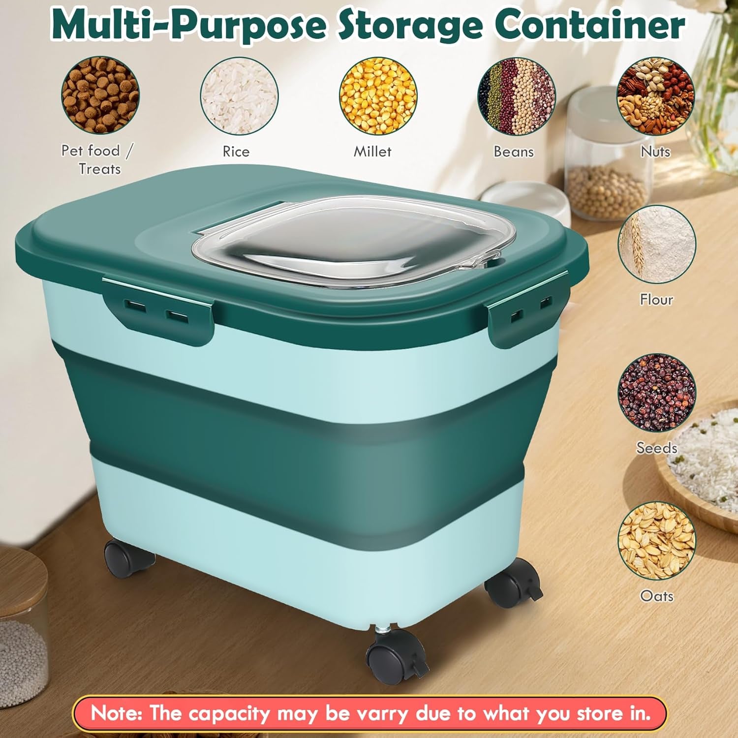 Dog Food Storage Container, 20-23Lbs Pet Food Container with Wheels, Scoop, Measuring Cup & Airtight Lids, Large Collapsible Travel Pet Dry Food Bin Keep Dog Treat Cat Food Bird Seed Fresh (Green)