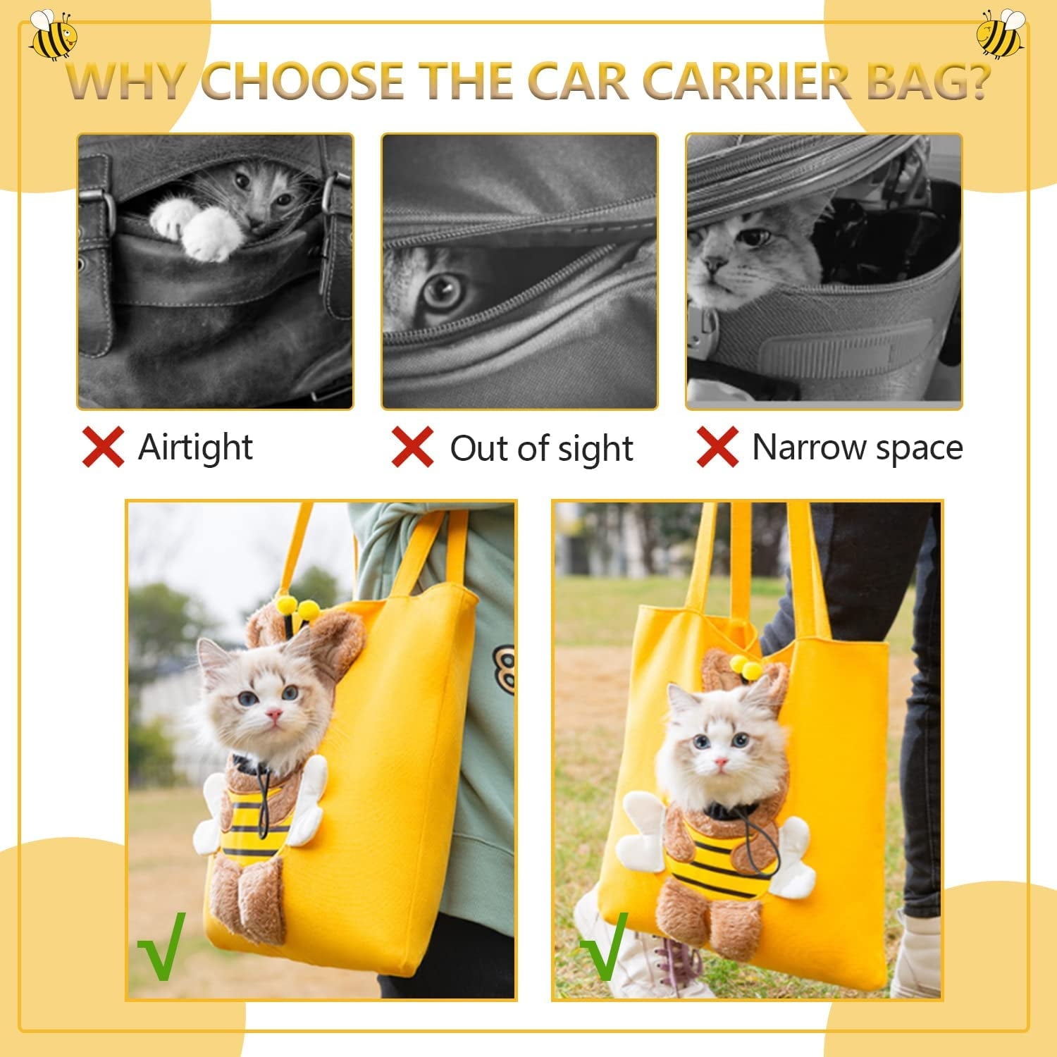 Cat Carrier Bag Small Dog Purse, Cute Bee-Shaped Show Head Small Dog Carrier,Pet Canvas Shoulder Carrying Bag,Dog Carrier Sling Soft Pouch Tote Bag for Puppy Doggy Kitten Small to Medium Cat