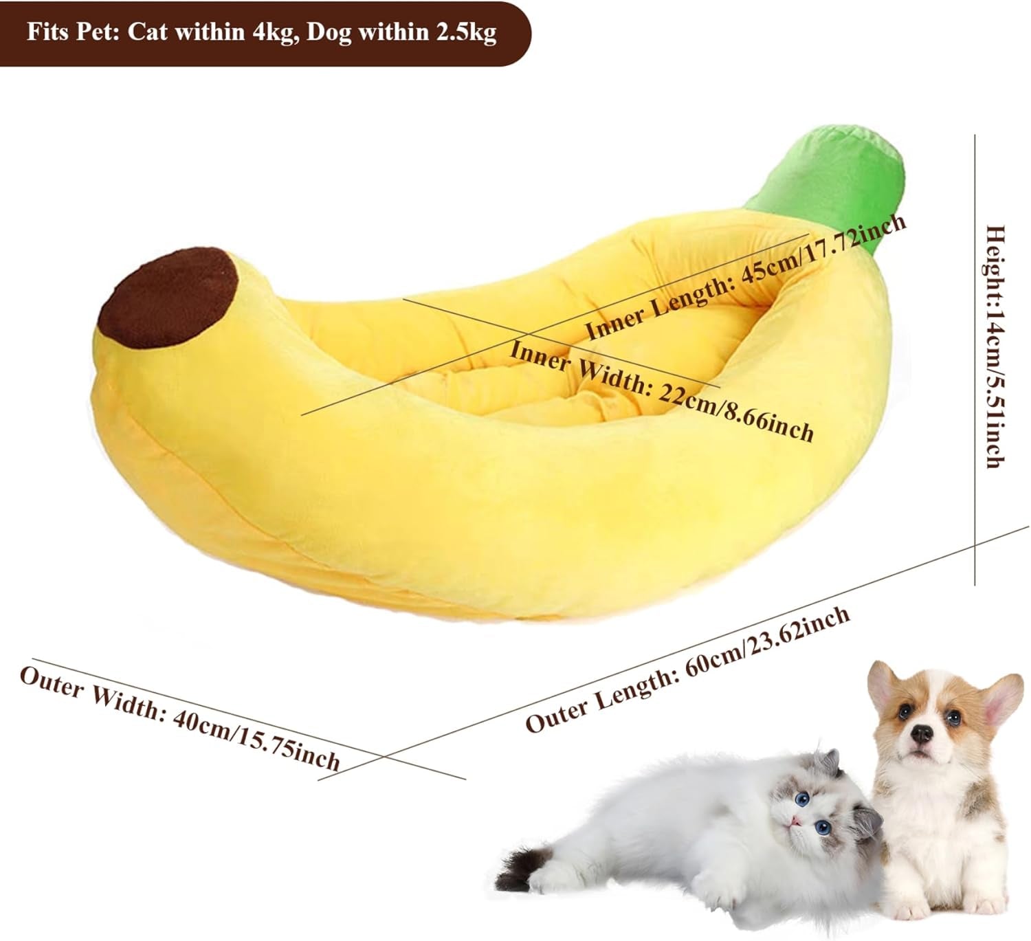 Banana Cat Bed Breathable Thermal Banana Dog Bed Soft Cotton Filled Cute Cat Bed with Detachable Cushion Machine Washable Pet Bed for Small Sized Cats &Dogs, Dog Bed