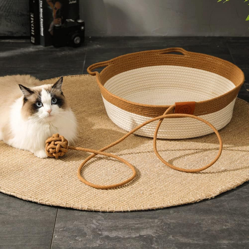 Cat Basket Bed, round Rattan Cat House for Indoor Cats, Cute Cat Cotton Rope Woven Basket Nest with Interactive Ball, Washable Winter Summer Use