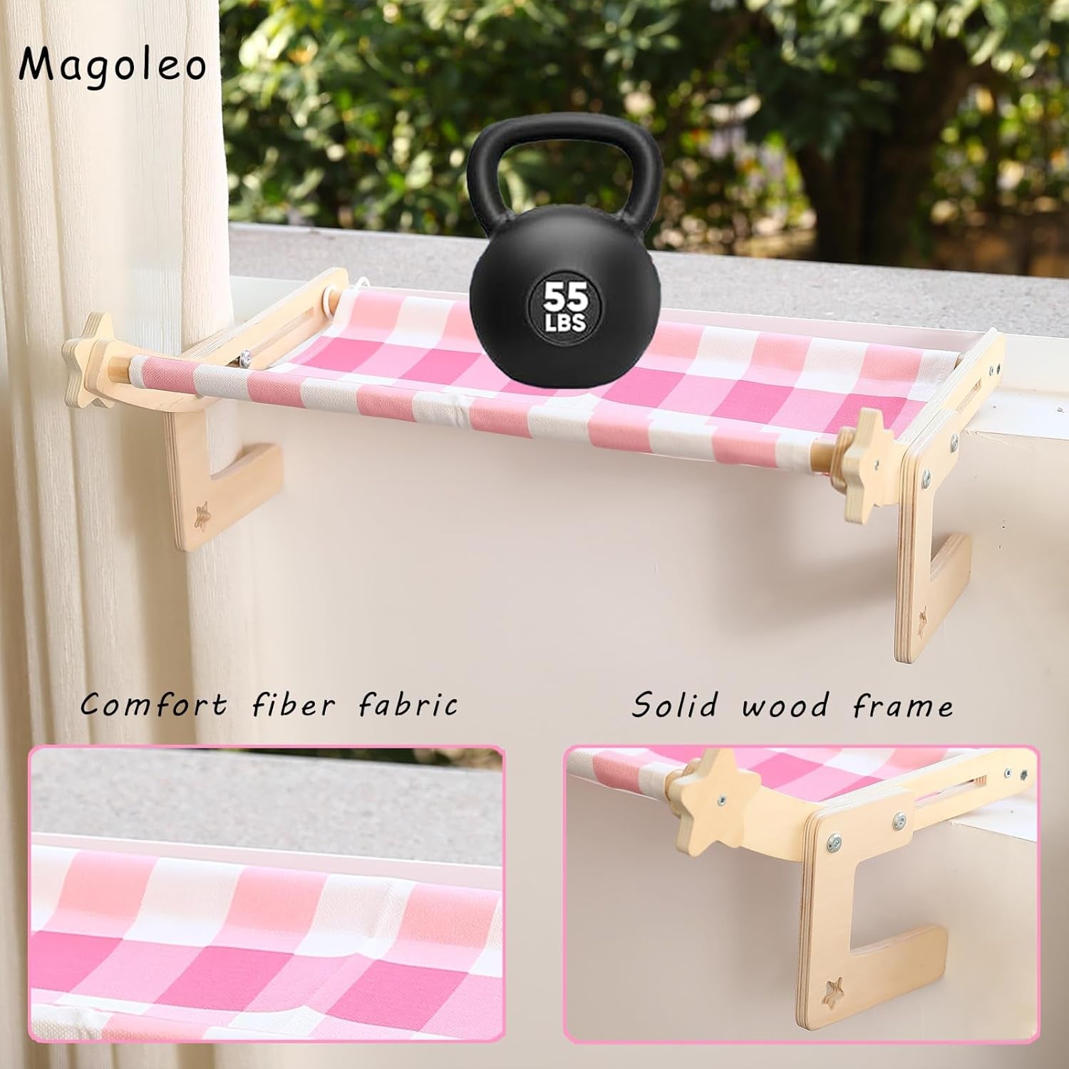 Cat Window Perch, Cat Window Bed&Seat for Large Indoor Cats Inside, Easy to Adjust&Assemble Cat Bedside Hammock for Windowsill, Bedside and Drawer (Pink Plaid, Large)