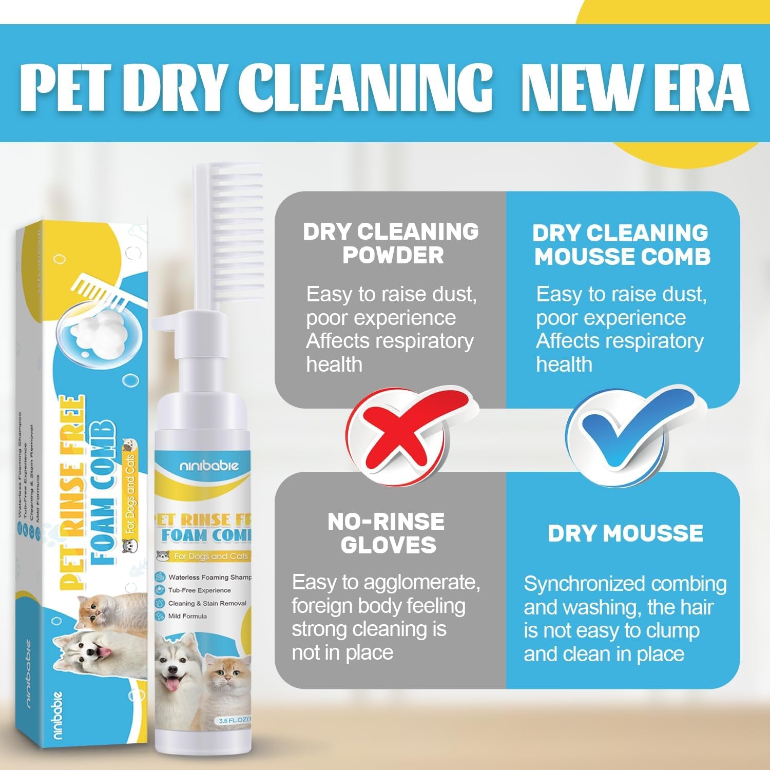 Waterless Cat Shampoo,Comb and Wash 2-In-1,No Rinsing Foam Comb,Detangling&Moisturizing,Removing Odors 3.5Oz
