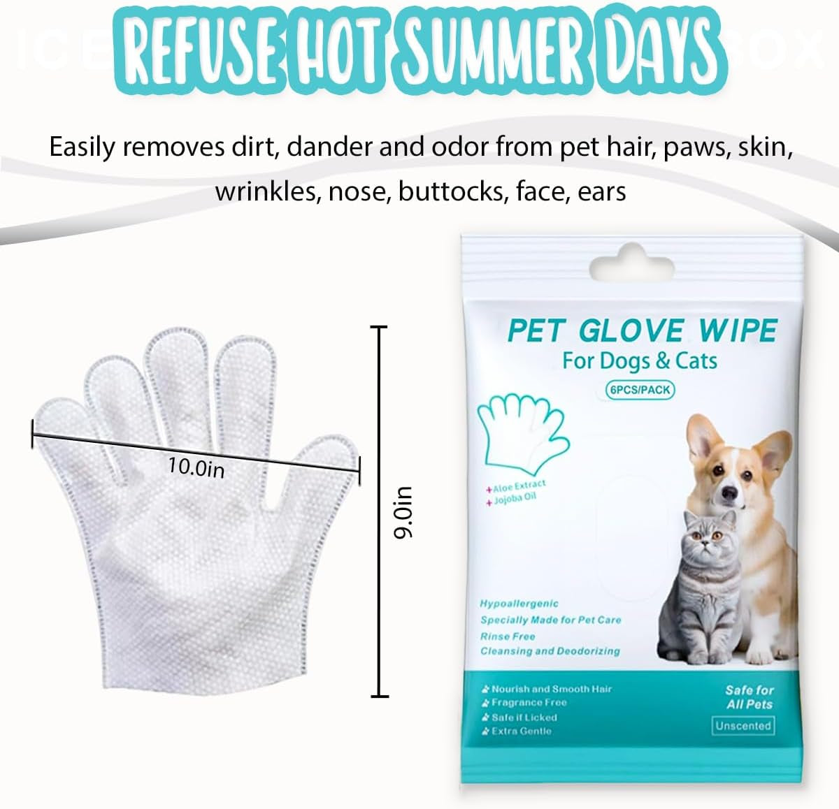 Dog and Cat Cleaning Gloves, Cleaning and Deodorizing Grooming Gloves, Dog and Cat Fur Face, Ears, Eyes, Paws Cleaner, Pet Grooming Wipes, Nourishing Fur, for Daily Care and Travel, No Rinse (6 Pcs)