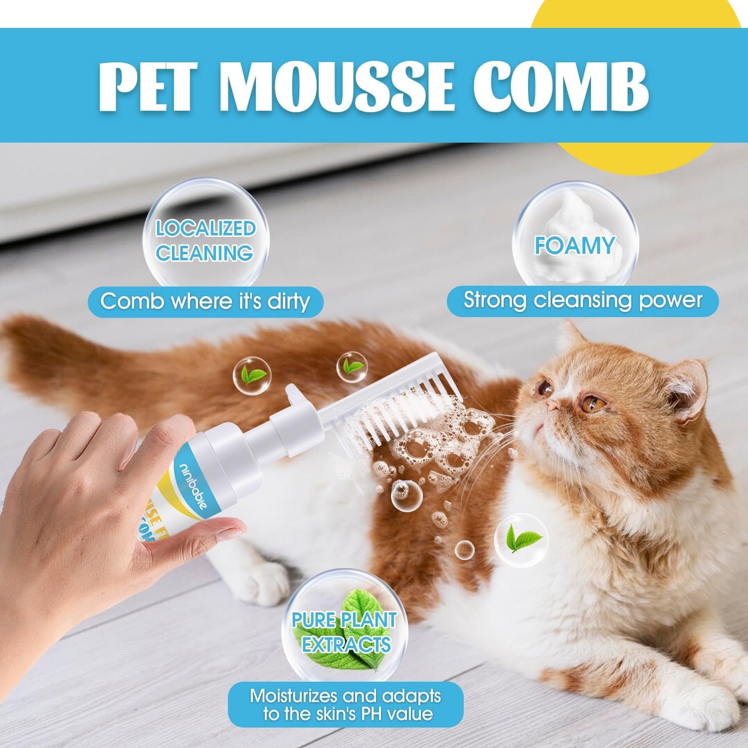 Waterless Cat Shampoo,Comb and Wash 2-In-1,No Rinsing Foam Comb,Detangling&Moisturizing,Removing Odors 3.5Oz