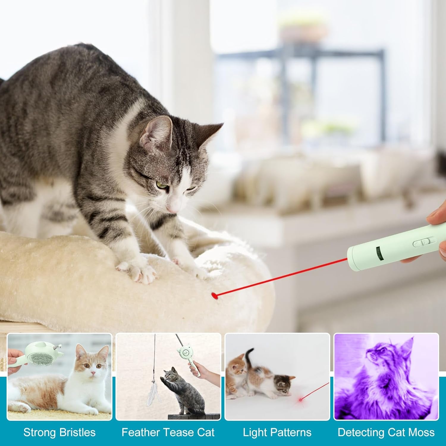 3 in 1 Cat Grooming Brush with Release Button for Indoor Cats, Cuddles and Meow