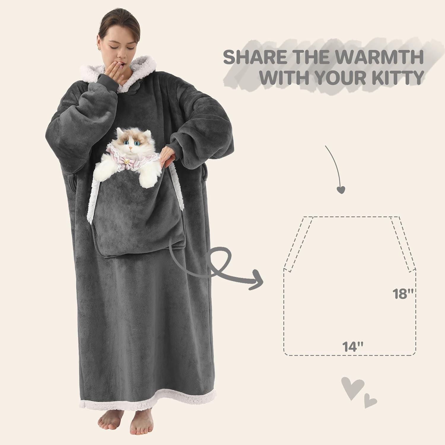 Wearable Blanket Hoodie with Cat Pouch, Oversized Hooded Sweatshirt Blanket Robe for Women, Gift for Cat Lover Women Mom Dad