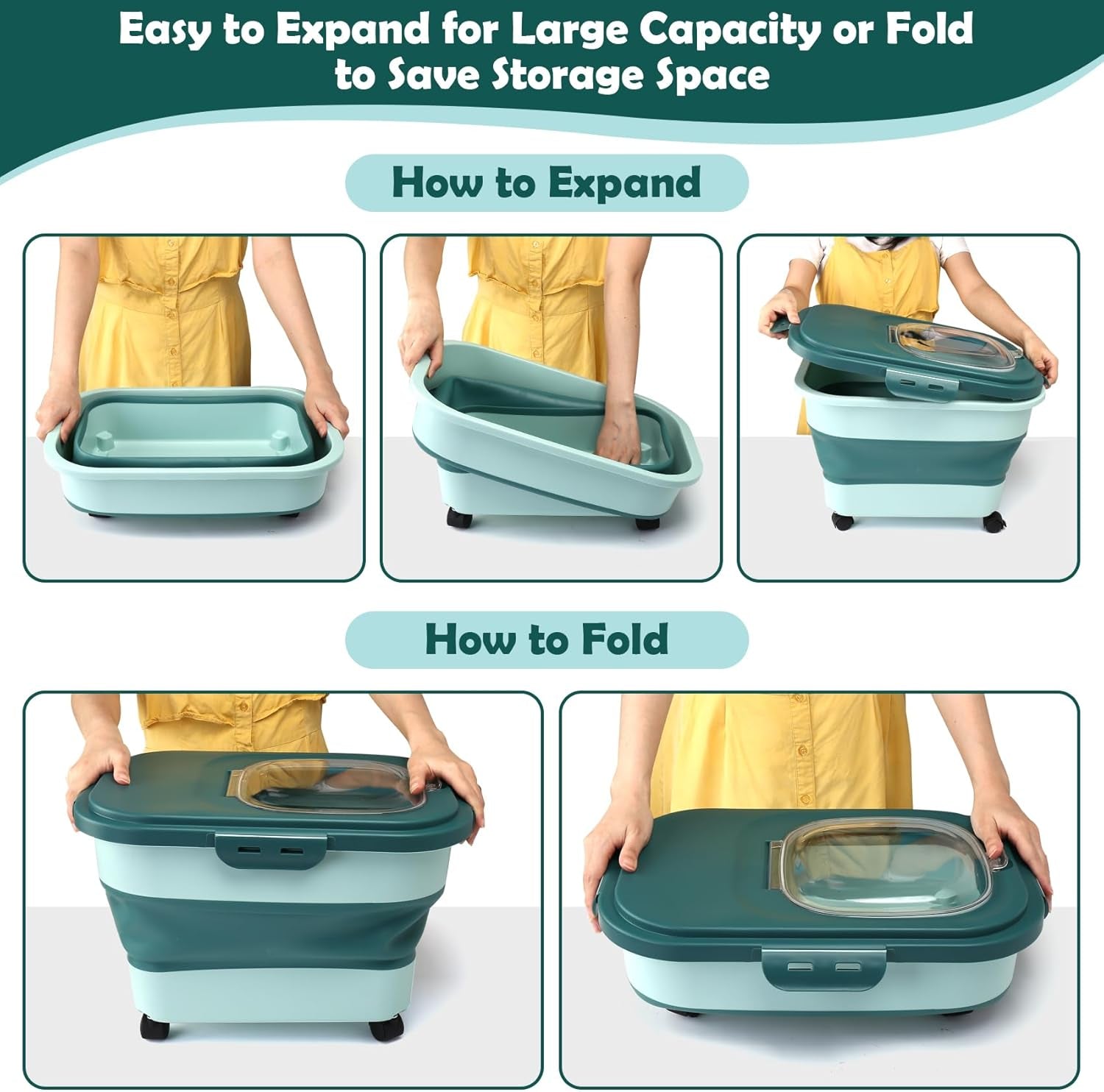 Dog Food Storage Container, 20-23Lbs Pet Food Container with Wheels, Scoop, Measuring Cup & Airtight Lids, Large Collapsible Travel Pet Dry Food Bin Keep Dog Treat Cat Food Bird Seed Fresh (Green)