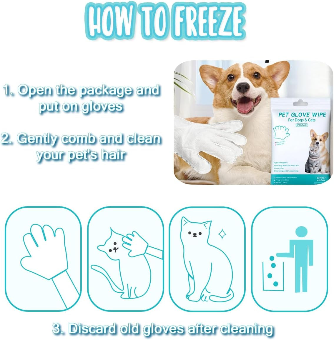 Dog and Cat Cleaning Gloves, Cleaning and Deodorizing Grooming Gloves, Dog and Cat Fur Face, Ears, Eyes, Paws Cleaner, Pet Grooming Wipes, Nourishing Fur, for Daily Care and Travel, No Rinse (6 Pcs)