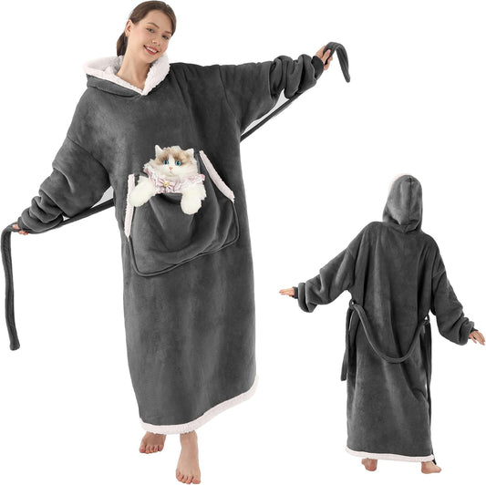 Wearable Blanket Hoodie with Cat Pouch, Oversized Hooded Sweatshirt Blanket Robe for Women, Gift for Cat Lover Women Mom Dad