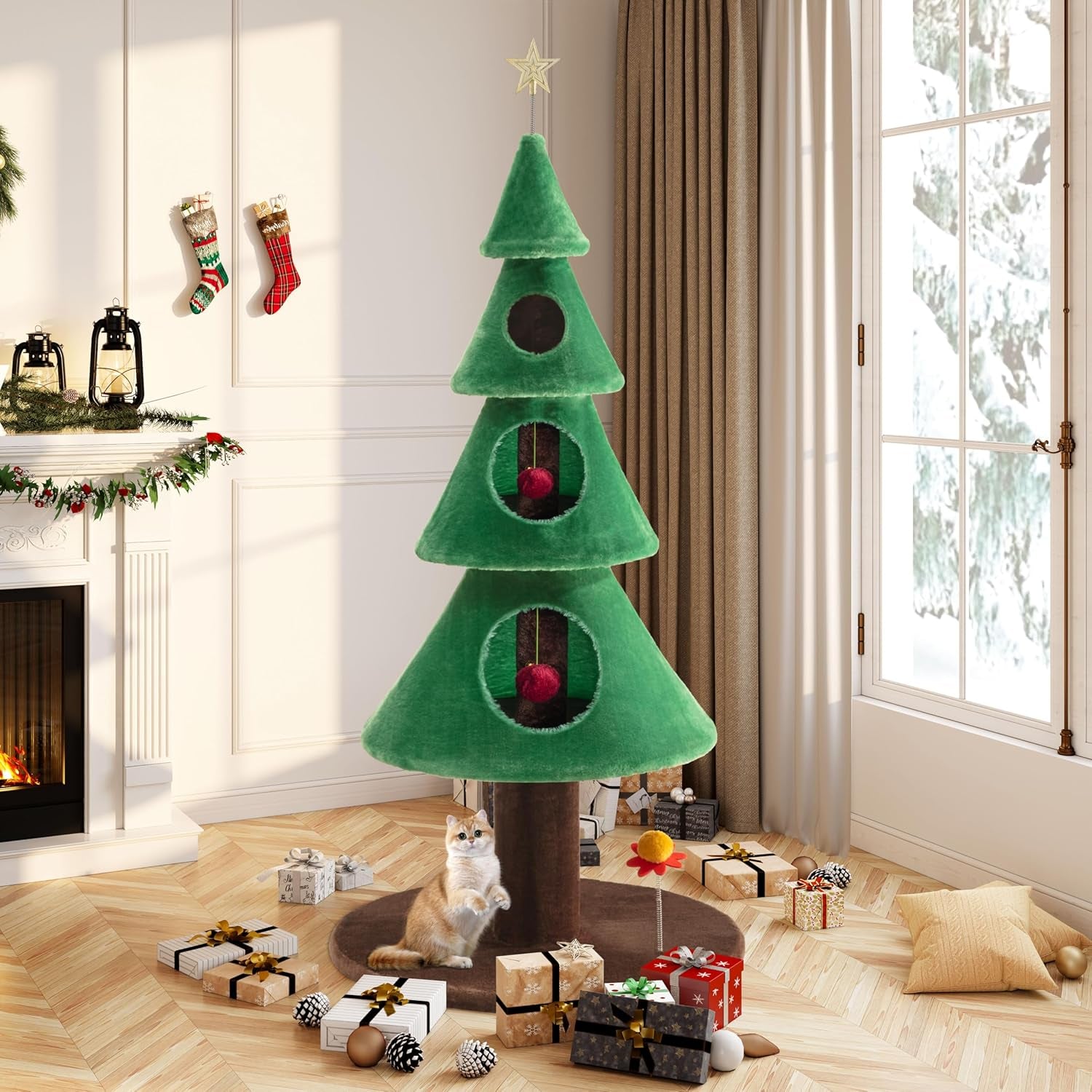 63 Inches Cat Tree for Indoor Cat/Cat Tower with 3 Condos/ 5Ft Cat Christmas Tree Party Decoration/Cat Activity Center Play House and Beds/Green