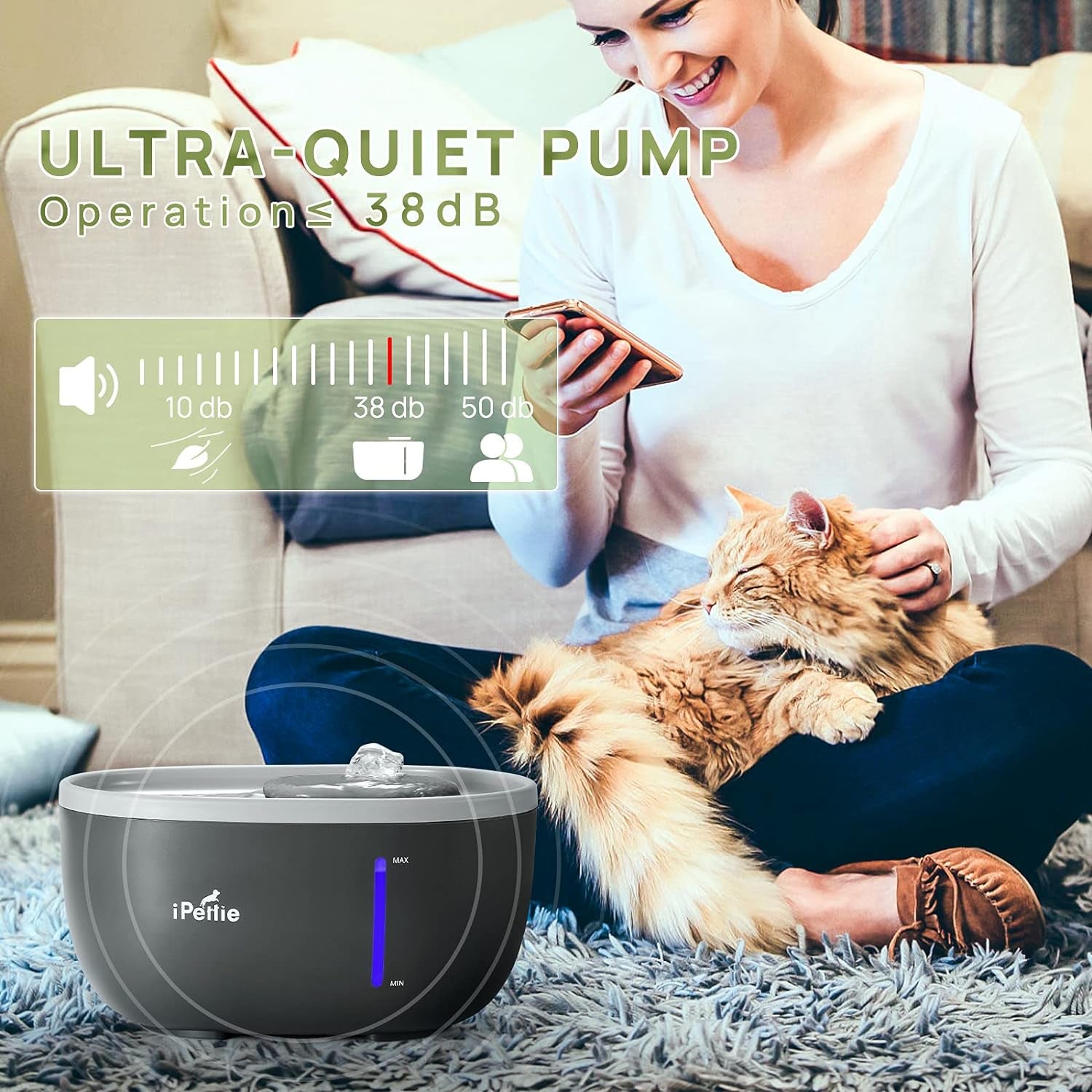 Avocado Pet Water Fountain with LED Light, 67Oz/2.0L, Ultra Quiet Cat Water Fountain with Filter, Automatic Pet Water Fountain for Cats and Small Dogs, Grey
