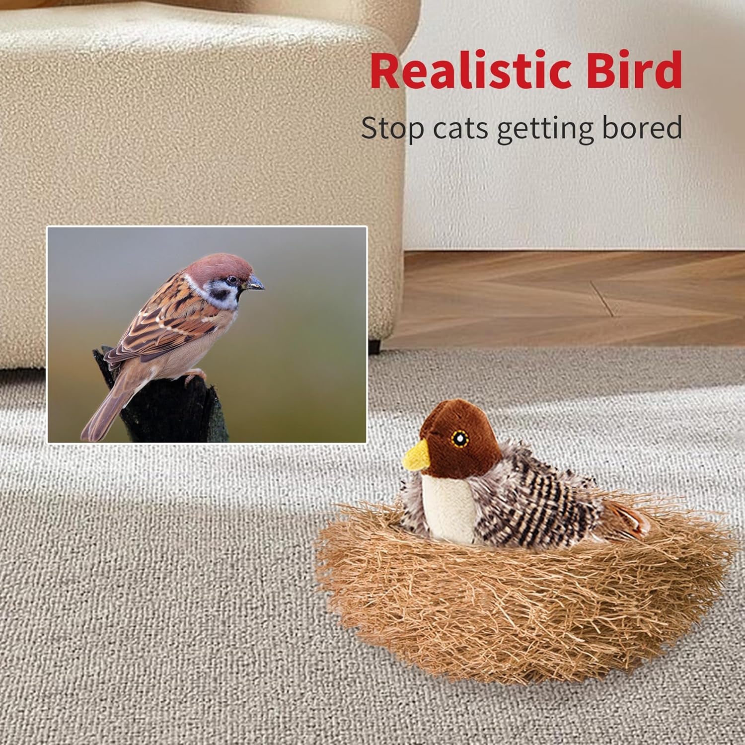 Chirping Bird Cat Toys Realistic Bird Plush Toy - Perfect Melody Chaser Cat Toys for Bored Indoor Adult Cats - Includes Hanging Loop for Cat Dancer and Interactive Play