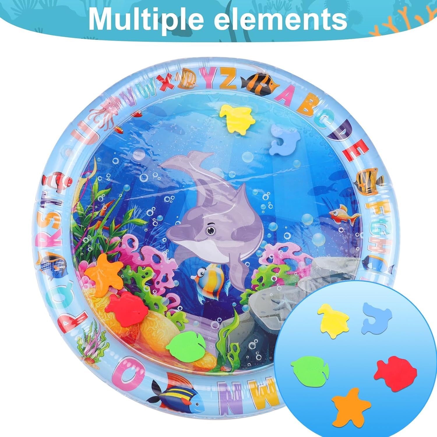 Thickened Water Sensory Play Mat for Cats, Cat Water Play Mat New Upgrade Cat Mat Toys for Bored Indoor Cats, Comes with Clipper and 5 Patches a Variety of Marine Elements（Rounded）
