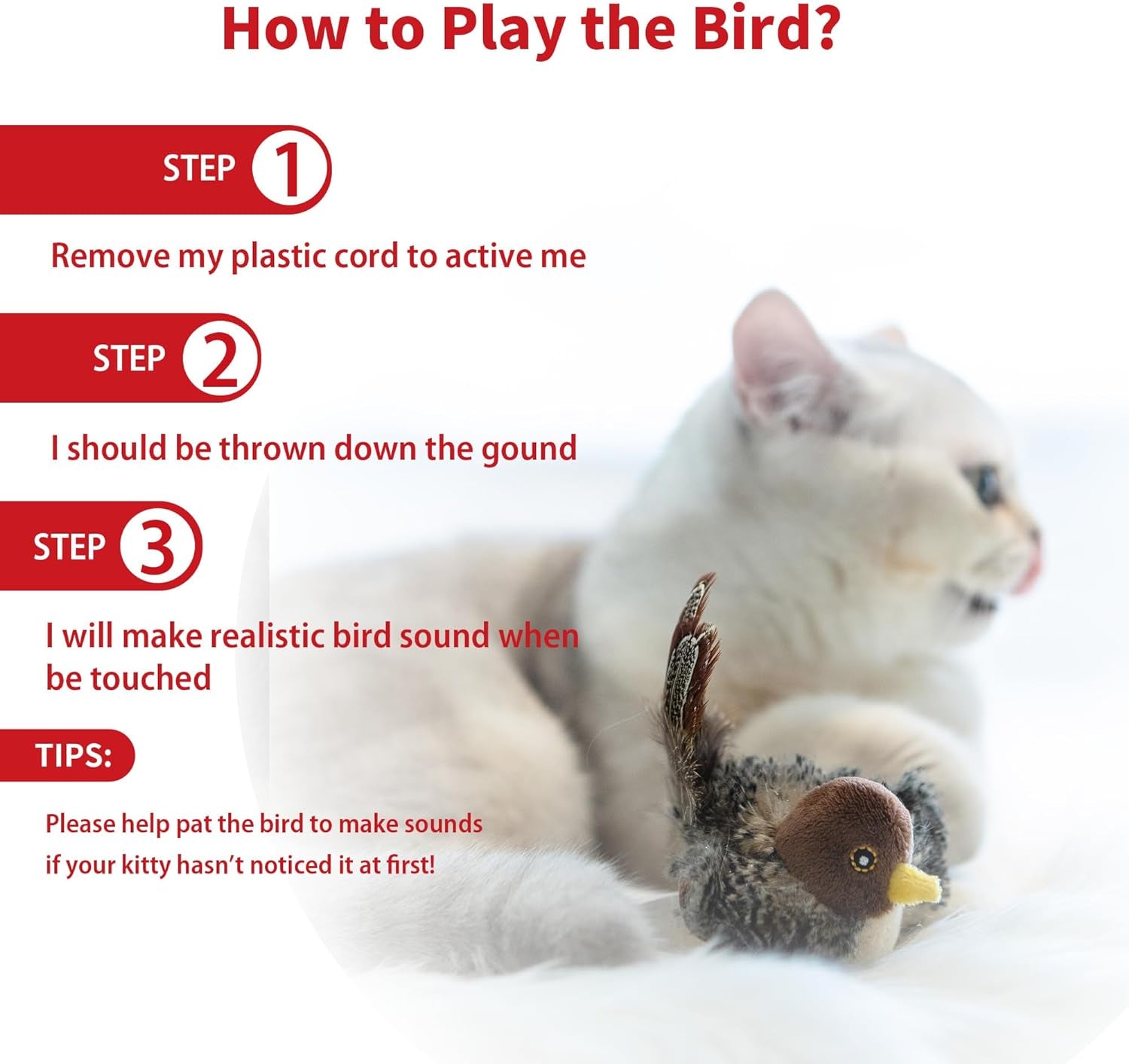 Chirping Bird Cat Toys Realistic Bird Plush Toy - Perfect Melody Chaser Cat Toys for Bored Indoor Adult Cats - Includes Hanging Loop for Cat Dancer and Interactive Play