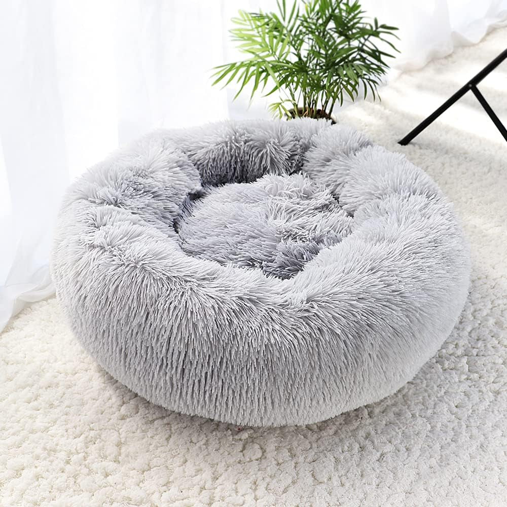 Cat Beds for Indoor Cats - Cat Bed Washable 20/24 Inches, Dog Beds for Small Medium Dogs, anti Anxiety round Fluffy Plush Faux Fur Cat Bed, Thick Bottom (Light Grey, Medium)