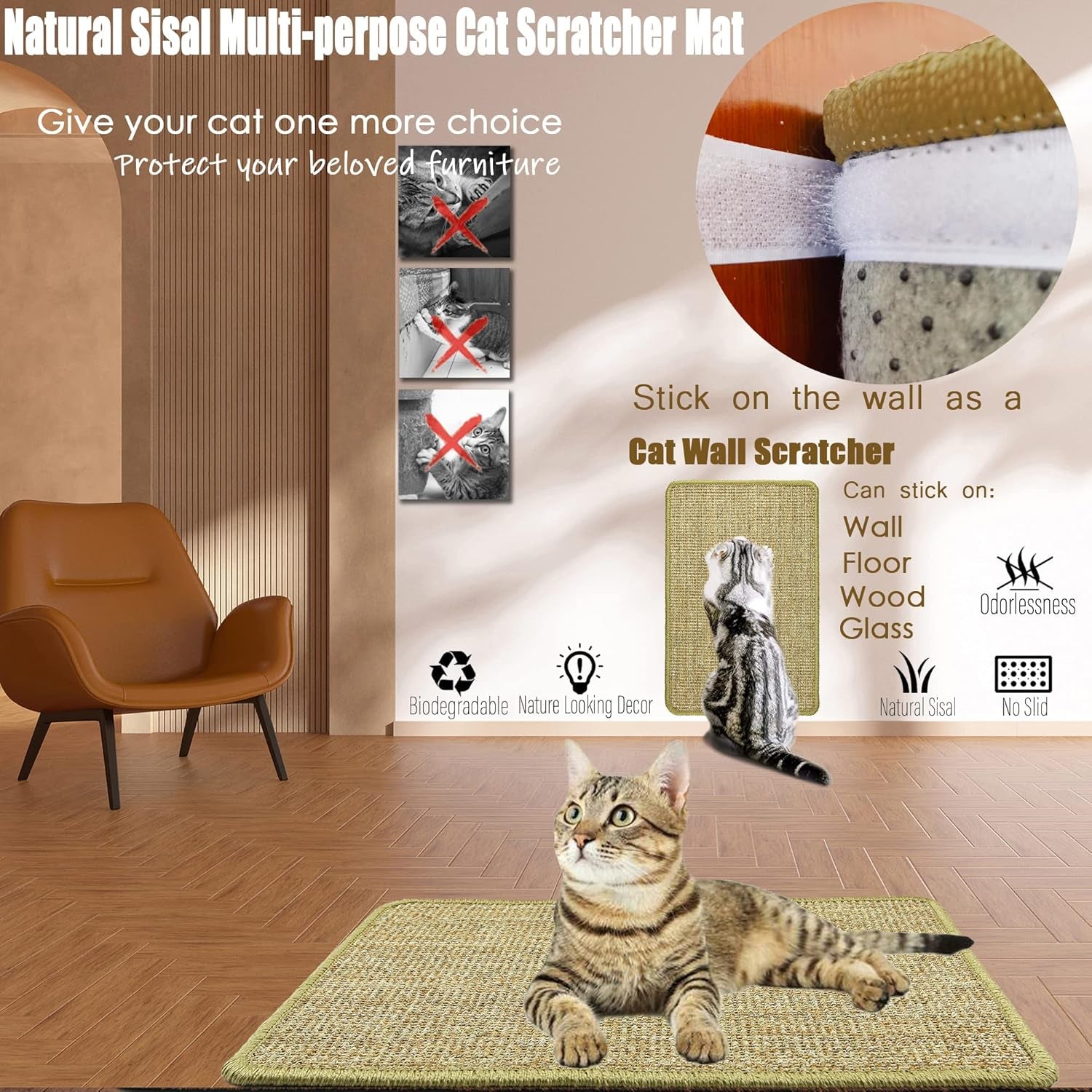 Cat Scratcher Mat, 23.6 X 15.7Inch,Natural Sisal Cat Scratchers for Indoor Cats with Velcro Tapes,Cat Scratching Pad Rug,Horizontal Cat Scratching Mat Protect Furniture and Sofas (Brown)