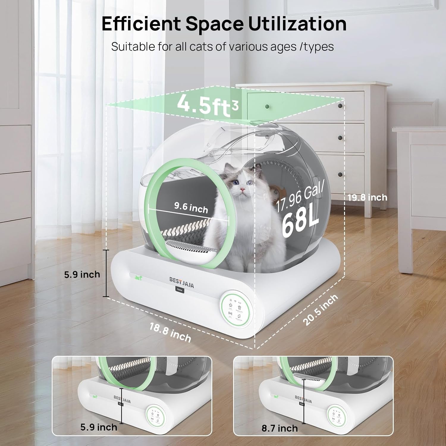 Self Cleaning Litter Box, 2024 Upgraded Automatic Cat Litter Box with Mat & Multiple Cleaning Tools, 68L+9L Large Capacity Litter Robot, Suitable for Multiple Cats, APP Control (Green)