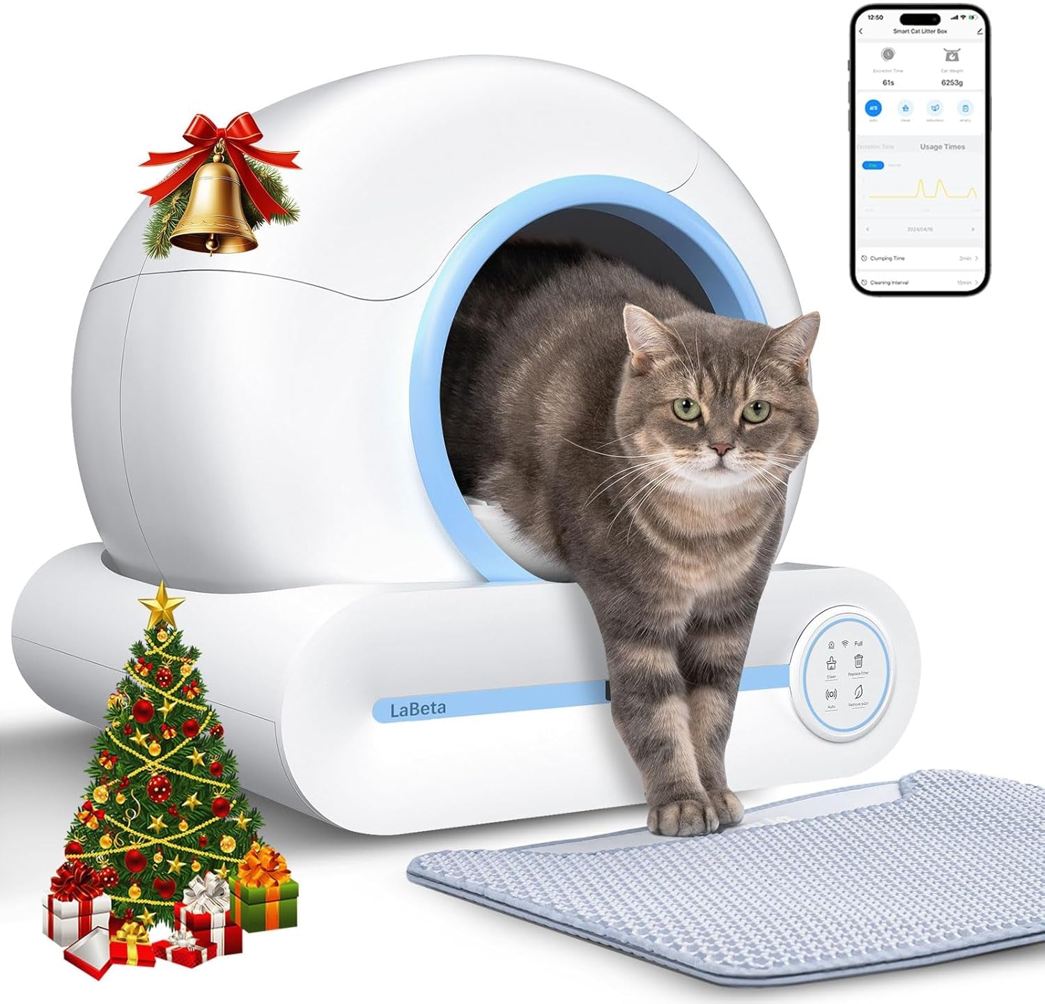 Automatic Cat Litter Box, 2024 Upgraded Automatic Cat Litter Box with Mat & Cleaning Tools, 68L+9L Large Capacity Litter Robot, Suitable for Multiple Cats, APP Control (Blue)