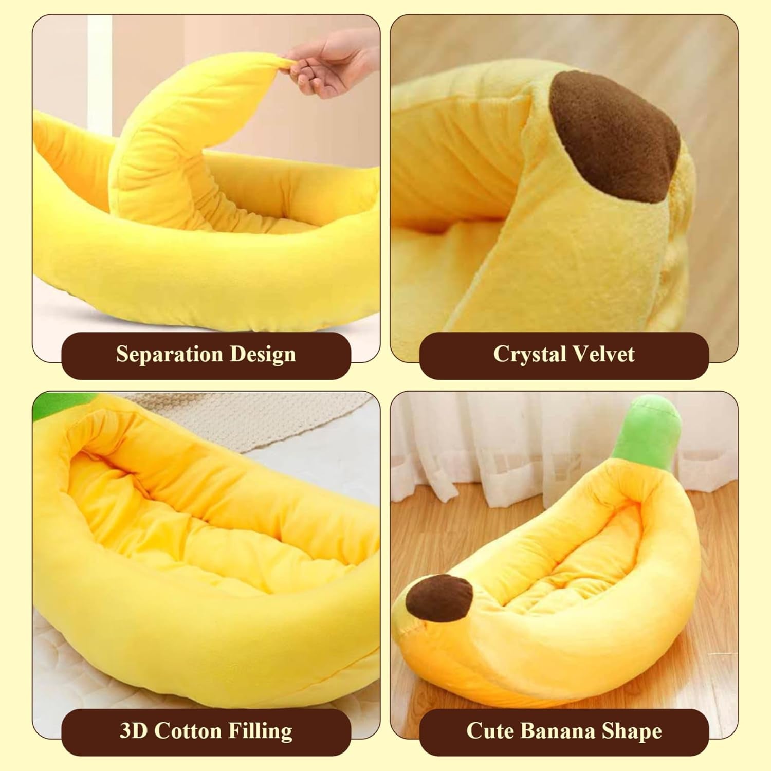 Banana Cat Bed Breathable Thermal Banana Dog Bed Soft Cotton Filled Cute Cat Bed with Detachable Cushion Machine Washable Pet Bed for Small Sized Cats &Dogs, Dog Bed