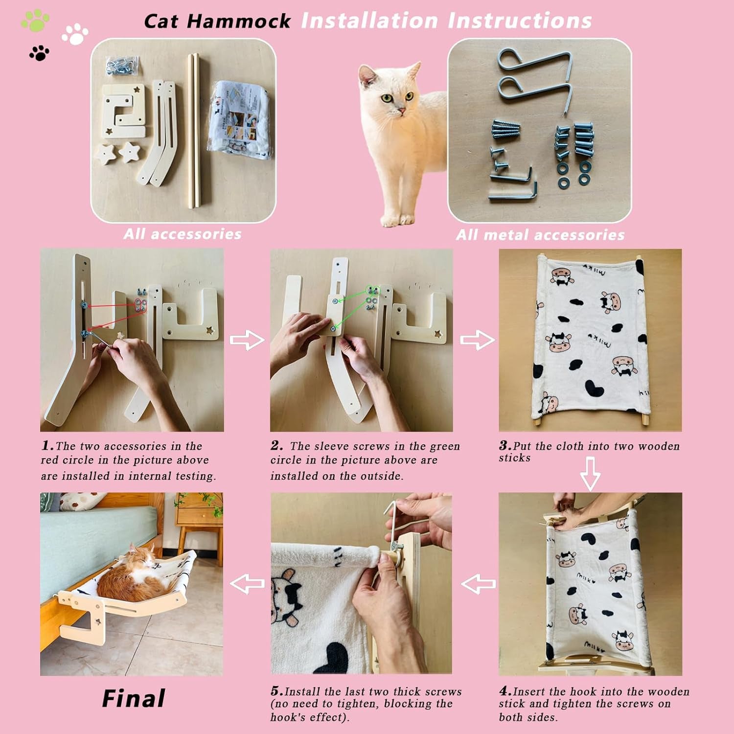 Cat Window Perch, Cat Window Bed&Seat for Large Indoor Cats Inside, Easy to Adjust&Assemble Cat Bedside Hammock for Windowsill, Bedside and Drawer (Pink Plaid, Large)